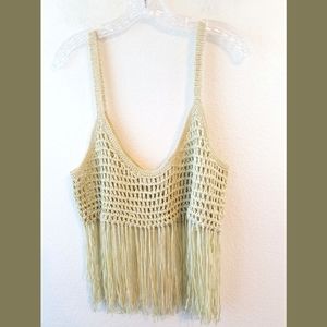 Yuni Apparel New Sage Crochet Fringe Boho Top Med